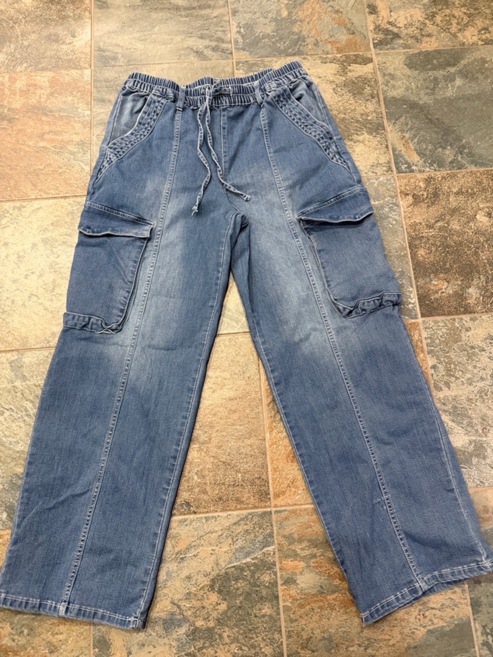 Women's Blue Cargo Denim Jeans with Drawstring Waist